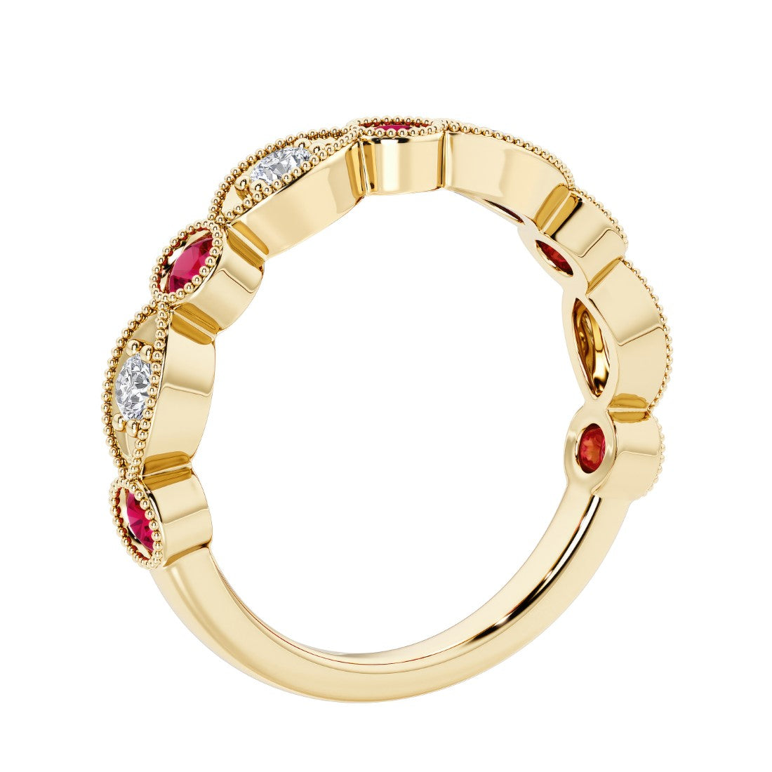 Nine stone ruby and diamond anniversary ring for women in a romantic half eternity design.