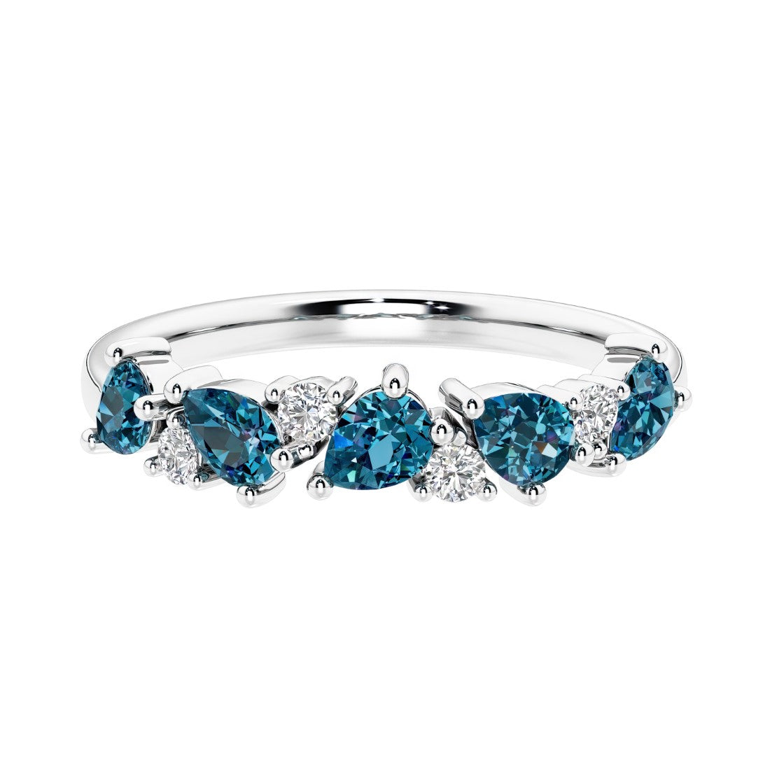 Elegant anniversary ring with 9 alternating pear shaped Alexandrite and brilliant round diamonds.