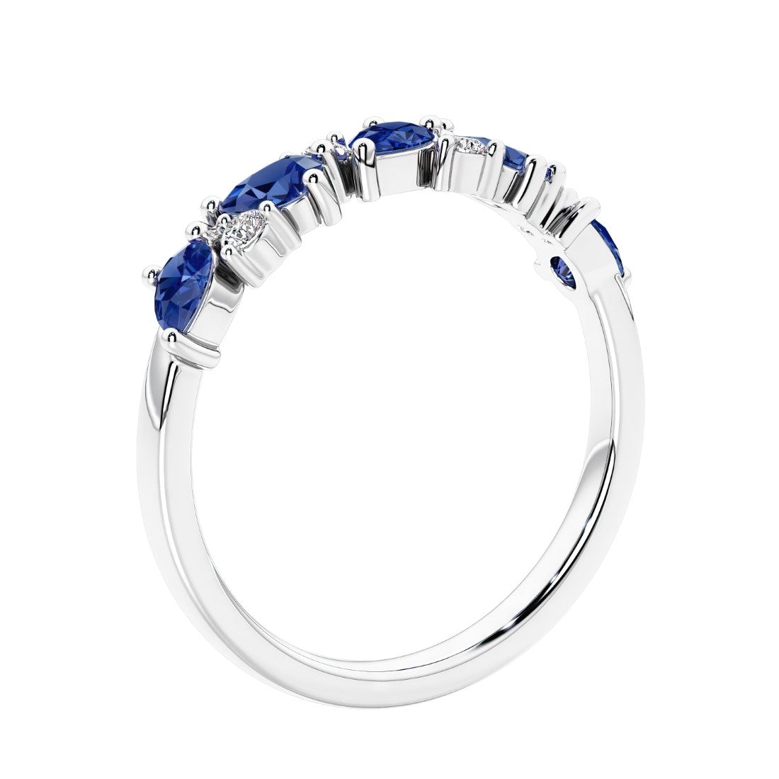 Women’s anniversary ring with lab created blue sapphire and sparkling round diamonds in a vintage-inspired half eternity style.