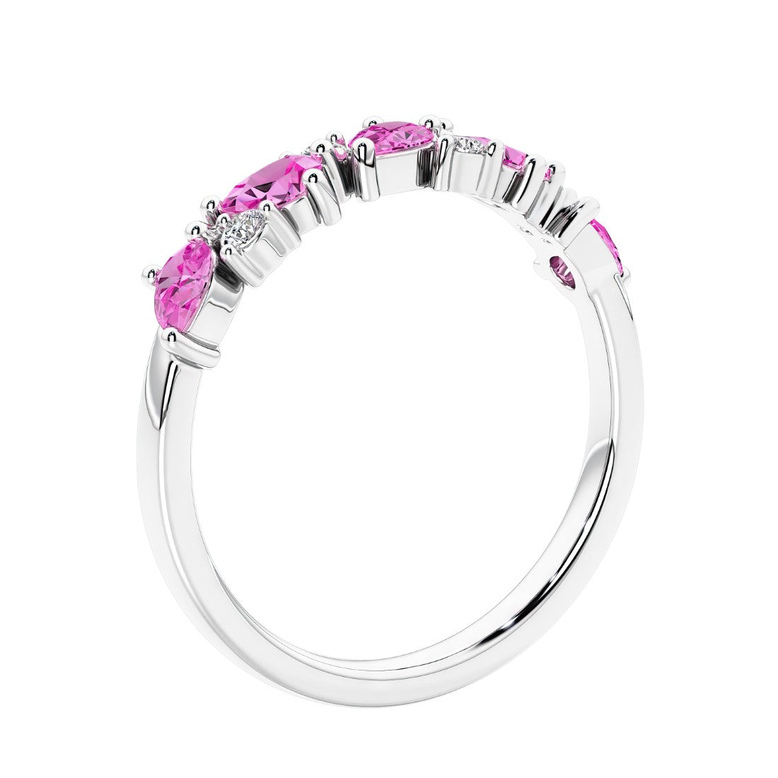 Women’s anniversary ring with lab created pink sapphire and sparkling round diamonds in a vintage-inspired half eternity style.