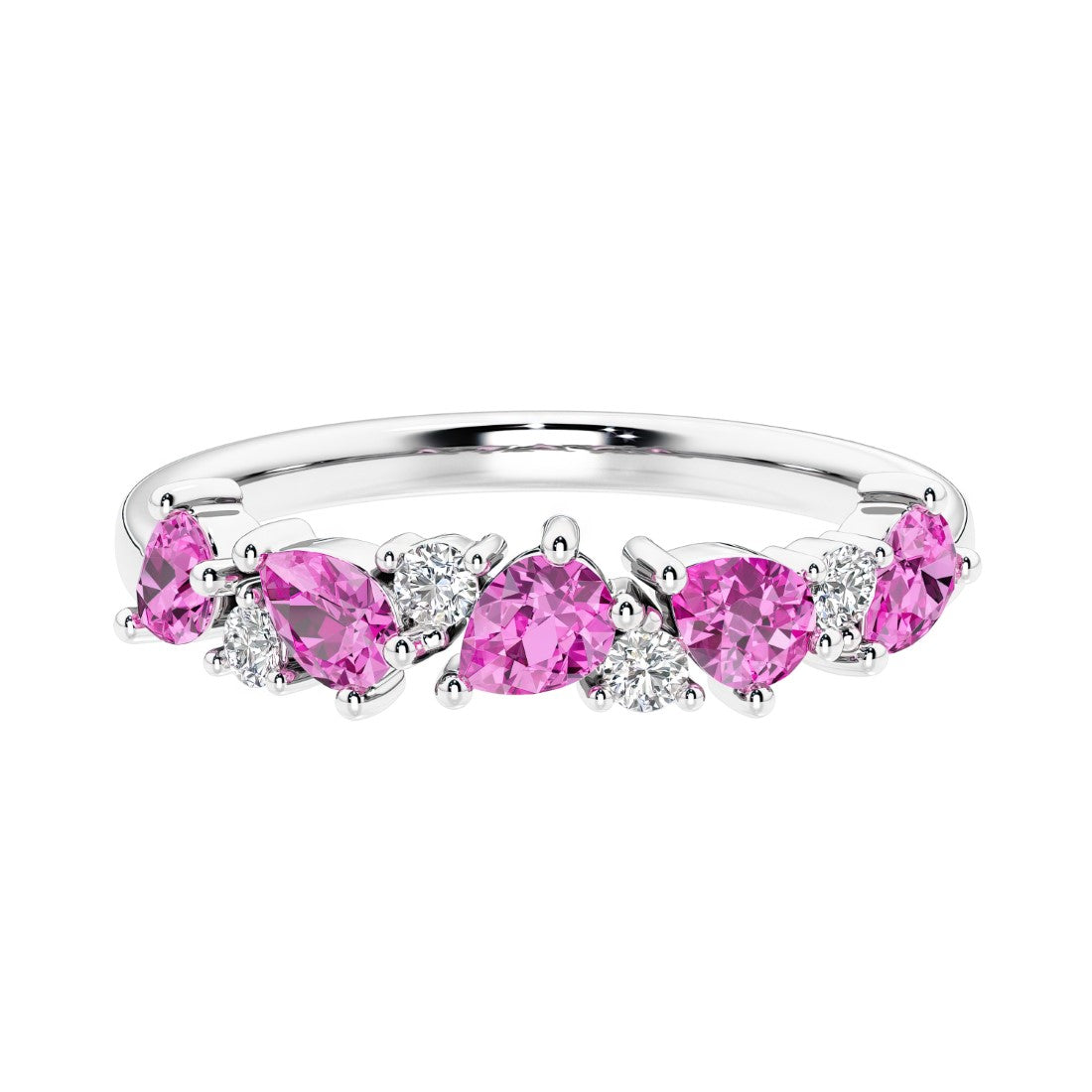 Elegant anniversary ring with 9 alternating pear shaped pink sapphires and brilliant round diamonds.