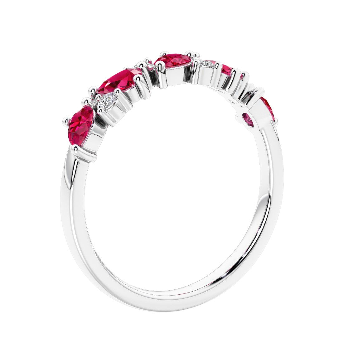 Women’s anniversary ring with lab created ruby and sparkling round diamonds in a vintage-inspired half eternity style.