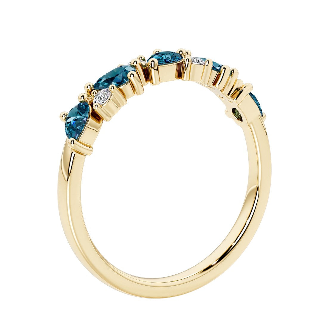 Unique 9 stone half eternity ring with pear shaped Alexandrite and round diamond accents in yellow gold.