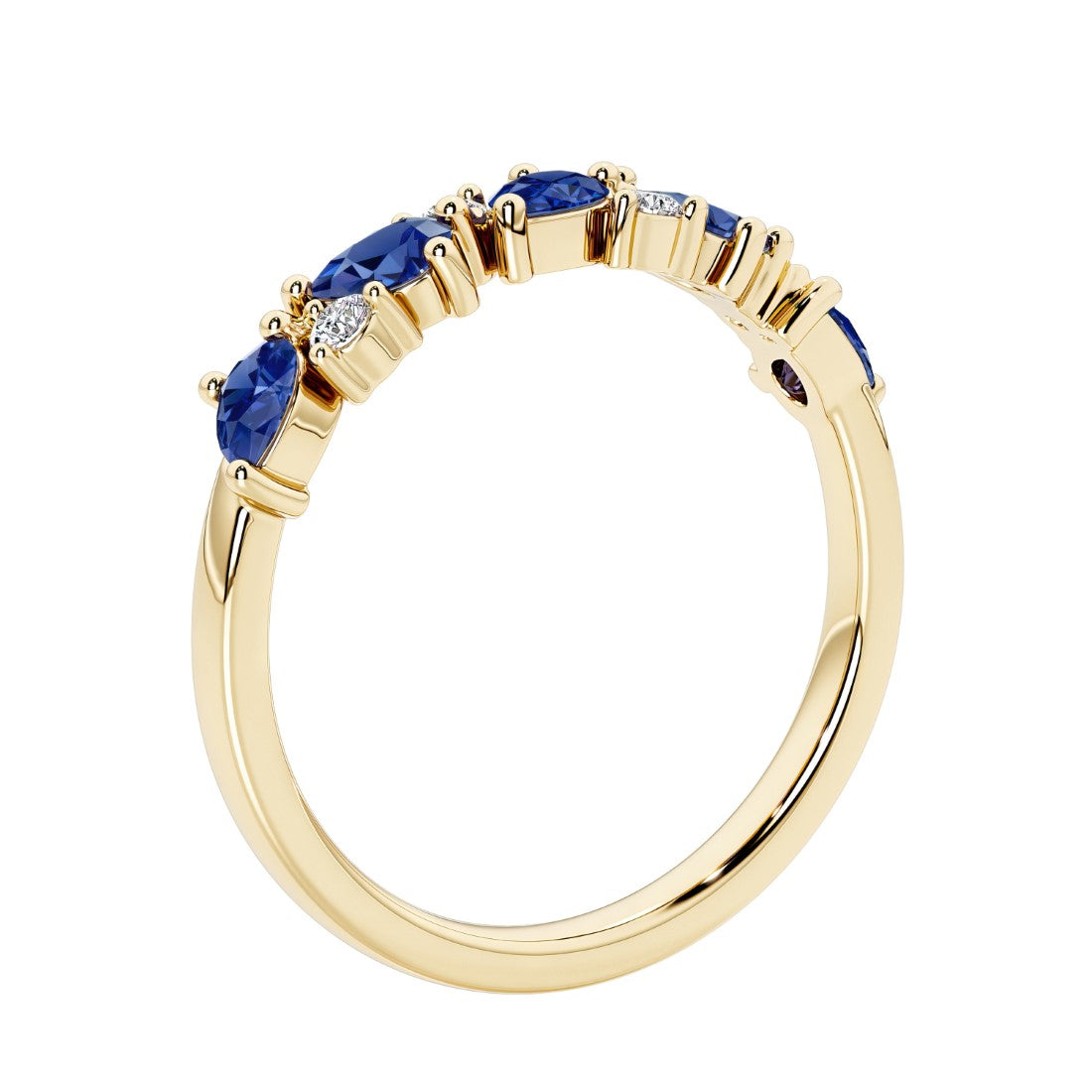 Unique 9 stone half eternity ring with pear shaped blue sapphire and round diamond accents in yellow gold.