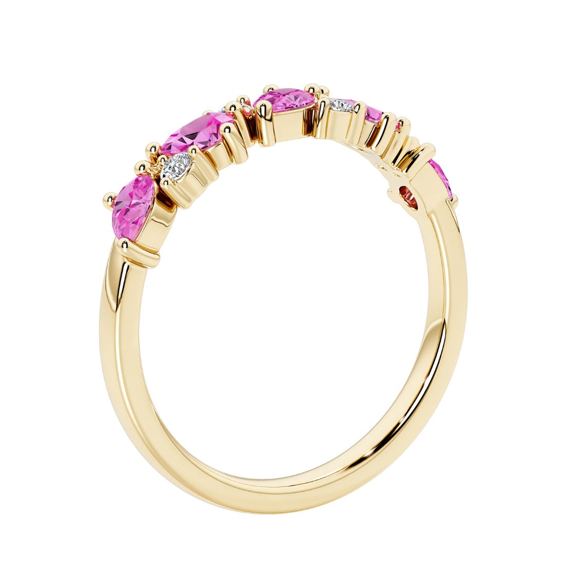 Unique 9 stone half eternity ring with pear shaped pink sapphire and round diamond accents in yellow gold.