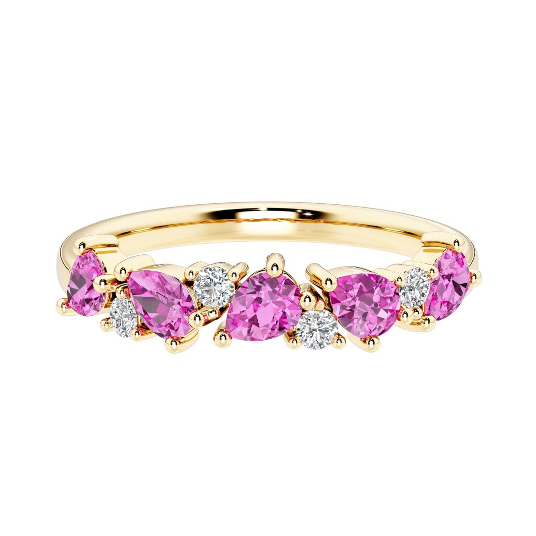 9-stone gemstone anniversary band featuring pear-cut pink sapphires and round diamonds for a magical, color-shifting effect.