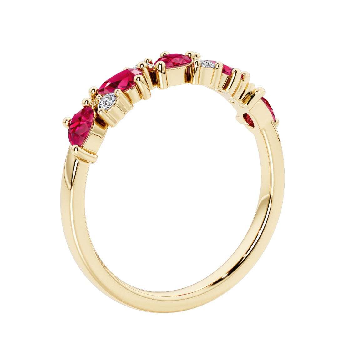 Unique 9 stone half eternity ring with pear shaped ruby and round diamond accents in yellow gold.