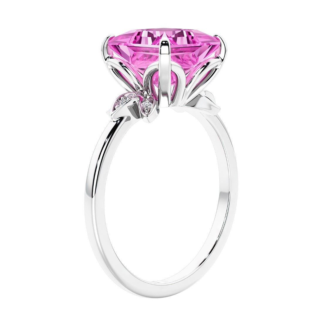 Women's unique ring with lab created pink sapphire and sparkling round diamonds in a vintage-inspired cluster side stone style.