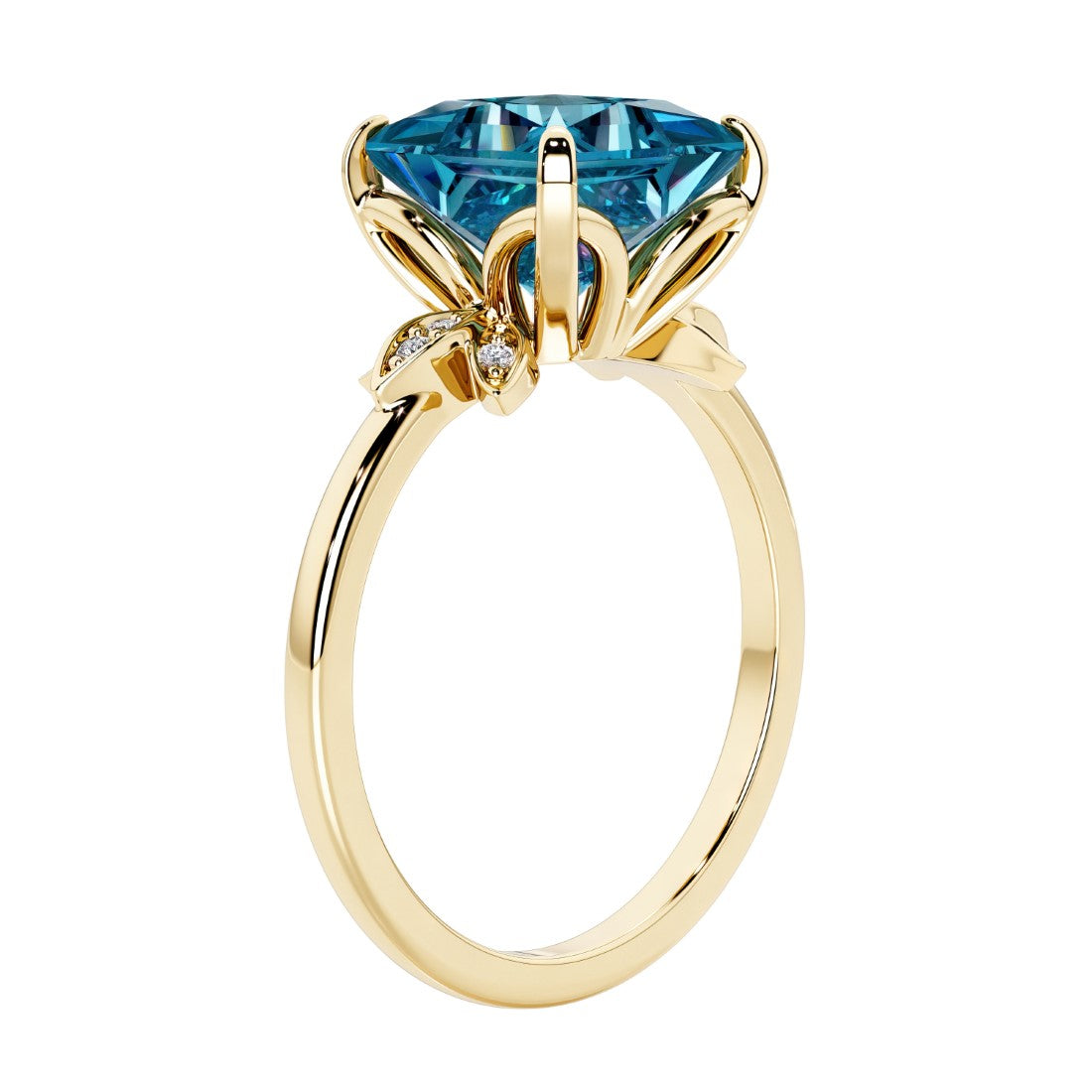 Unique nature inspired ring with princess cut Alexandrite and round diamond accents in yellow gold.
