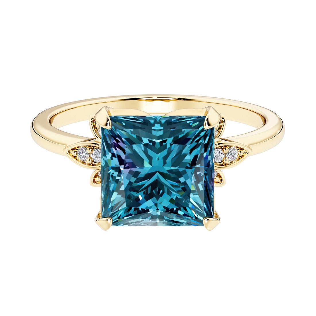 Nature inspired ring featuring princess cut Alexandrite and round diamonds for a magical, color-shifting effect.