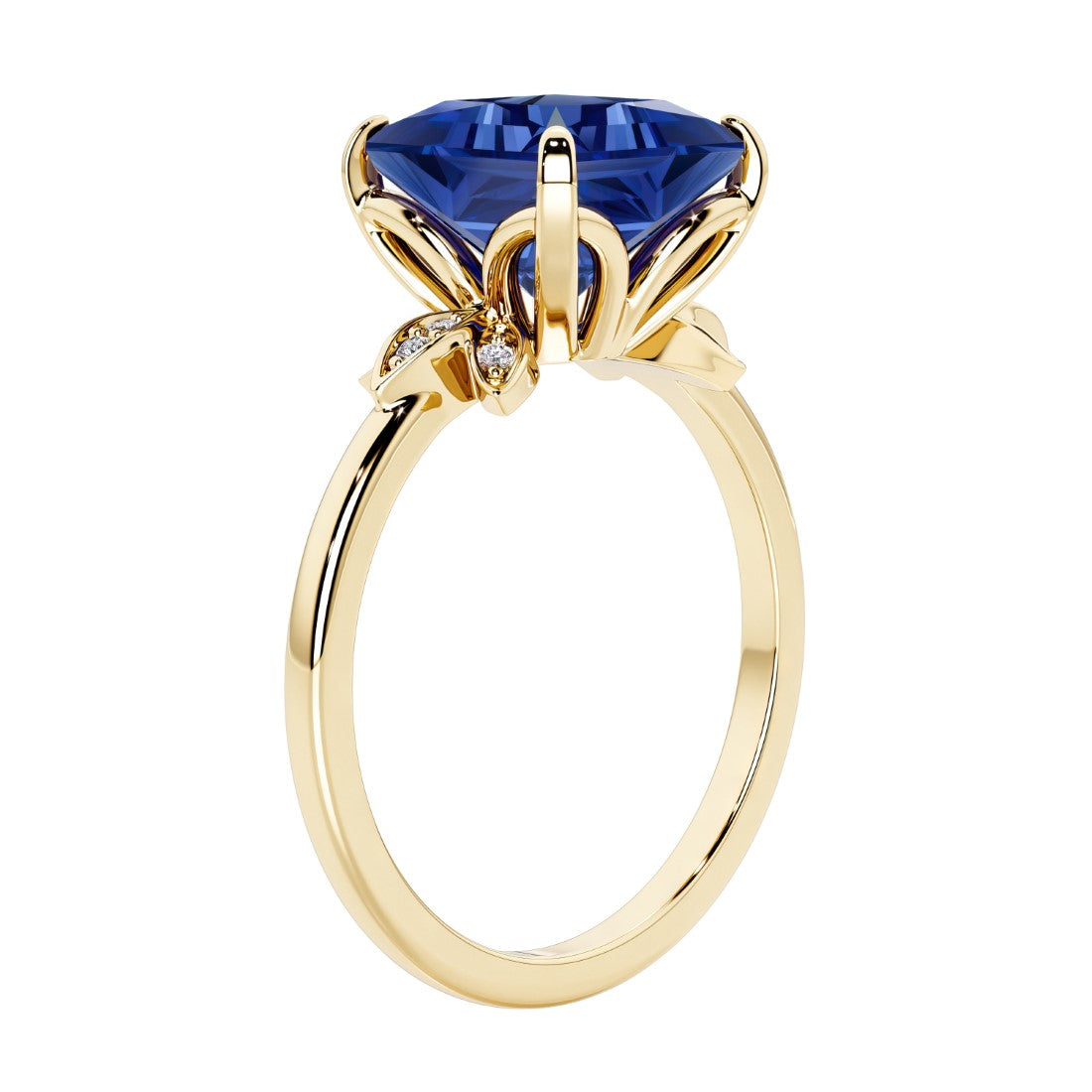 Unique nature inspired ring with princess cut blue sapphire and round diamond accents in yellow gold.