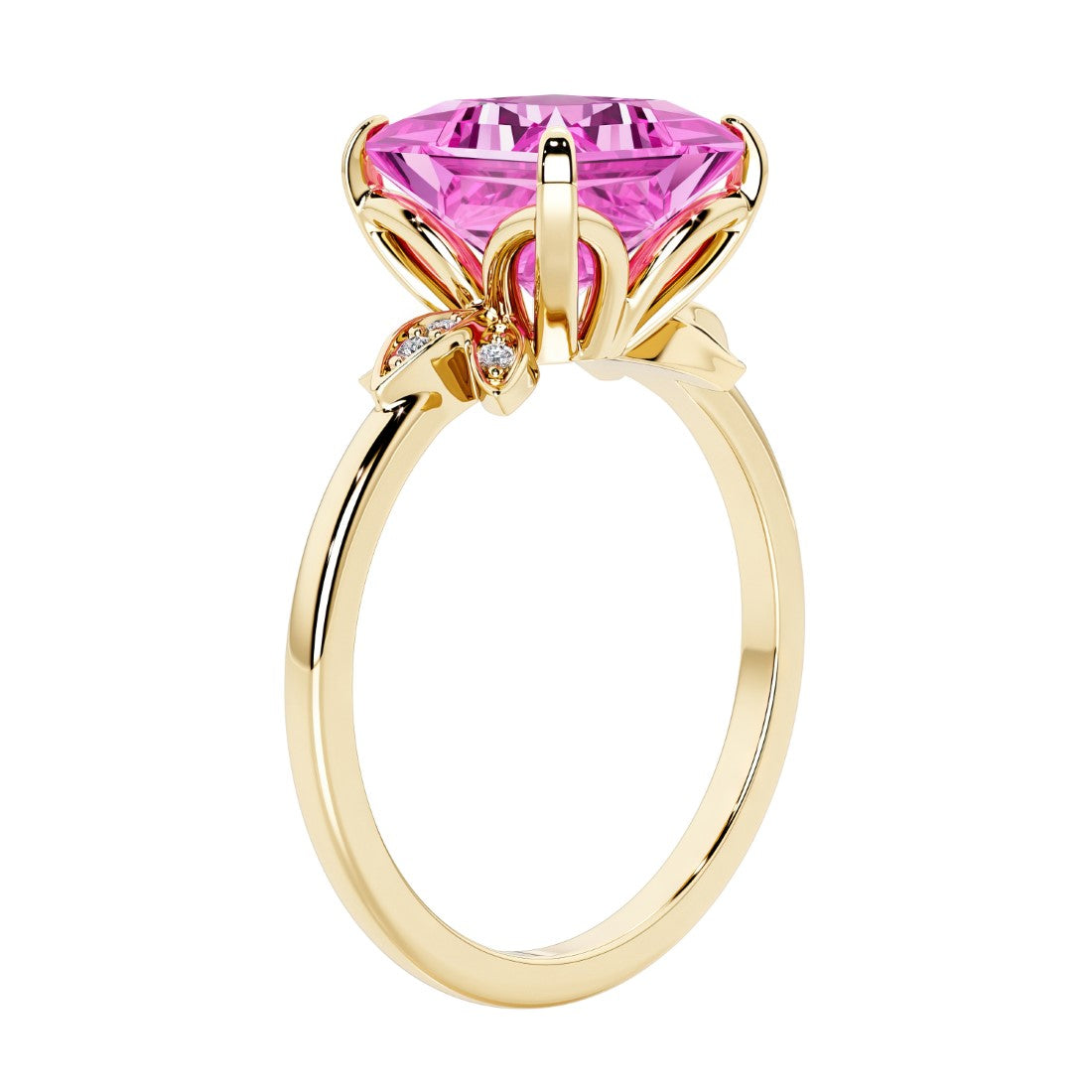 Unique nature inspired ring with princess cut pink sapphire and round diamond accents in yellow gold.