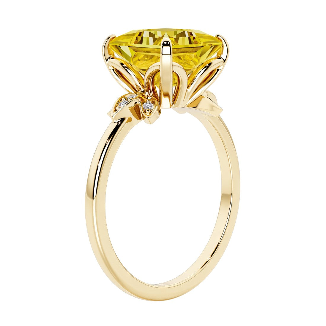 Unique nature inspired ring with princess cut yellow sapphire and round diamond accents in yellow gold.
