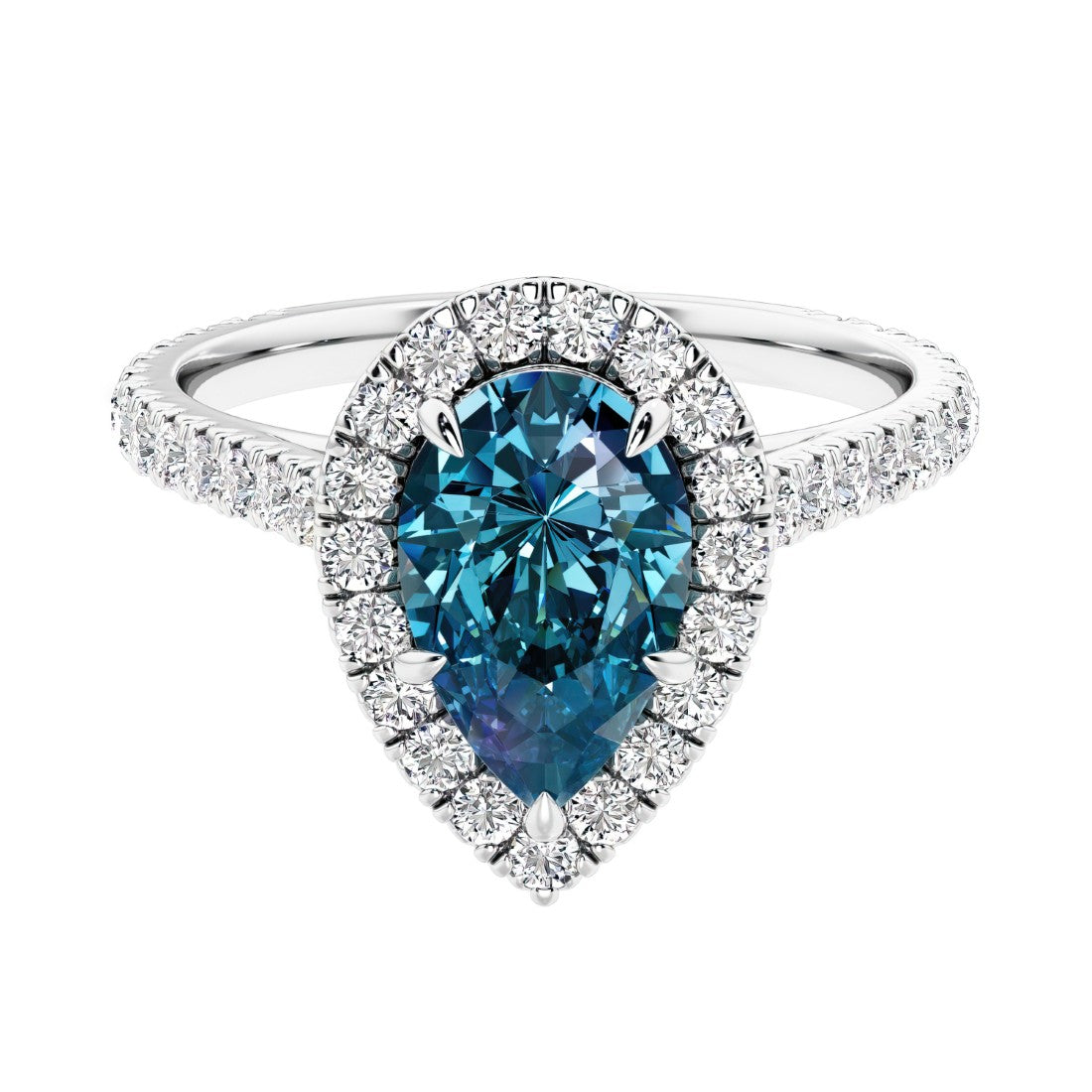 Halo ring with diamond french pave band.