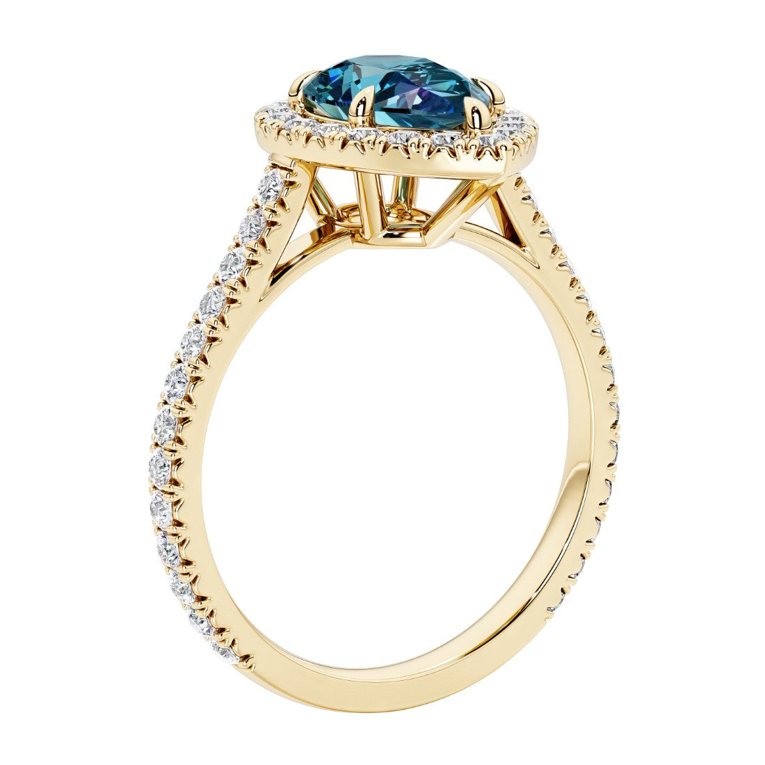 Beautiful alexandrite french pave diamond engagement ring with classic styling.