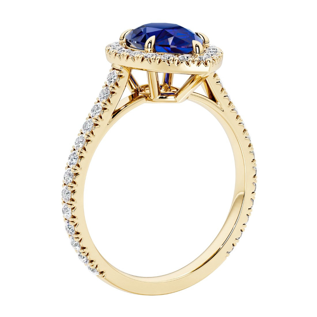 Beautiful Blue Sapphire french pave diamond engagement ring with classic styling.
