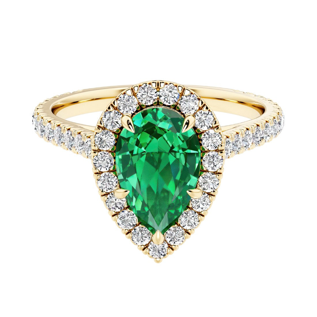 Pear shaped colombian emerald and french pave diamond ring.