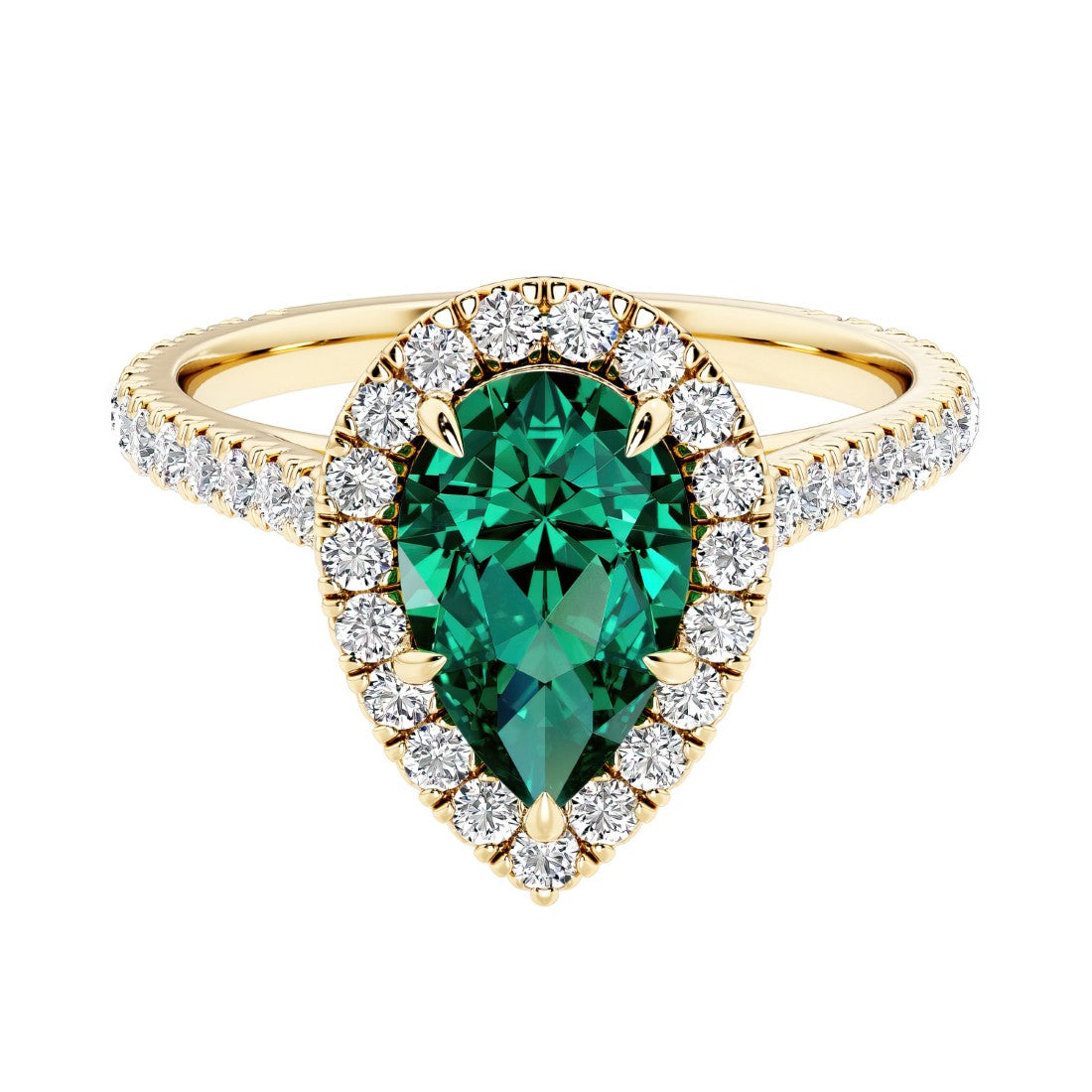 Pear shaped emerald and french pave diamond ring.