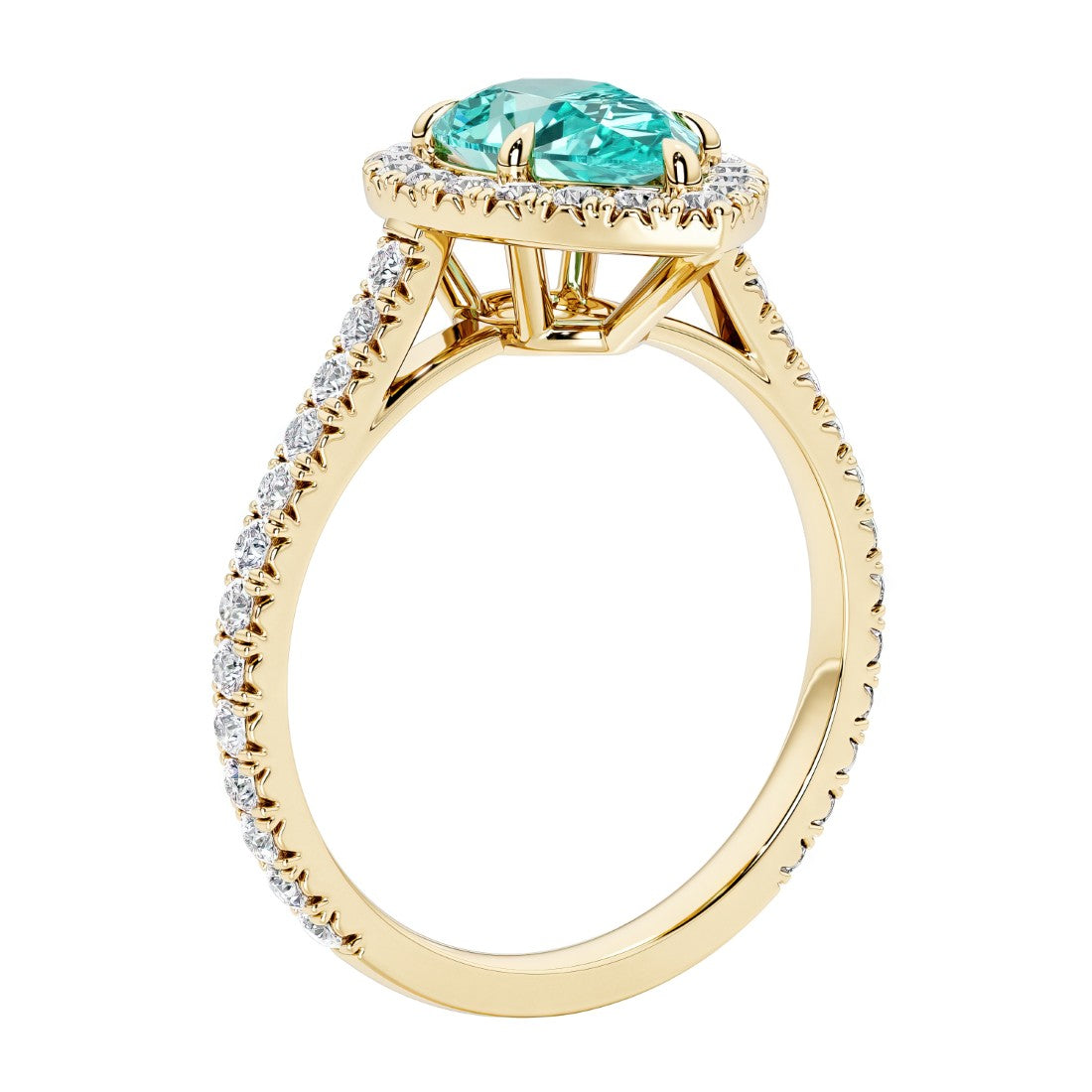 Beautiful Paraiba Tourmaline french pave diamond engagement ring with classic styling.