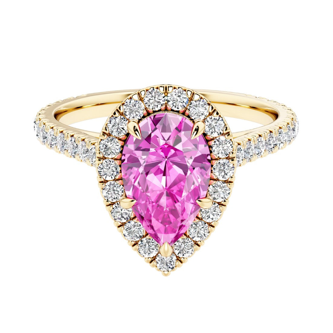 Pear shaped pink sapphire and french pave diamond ring.