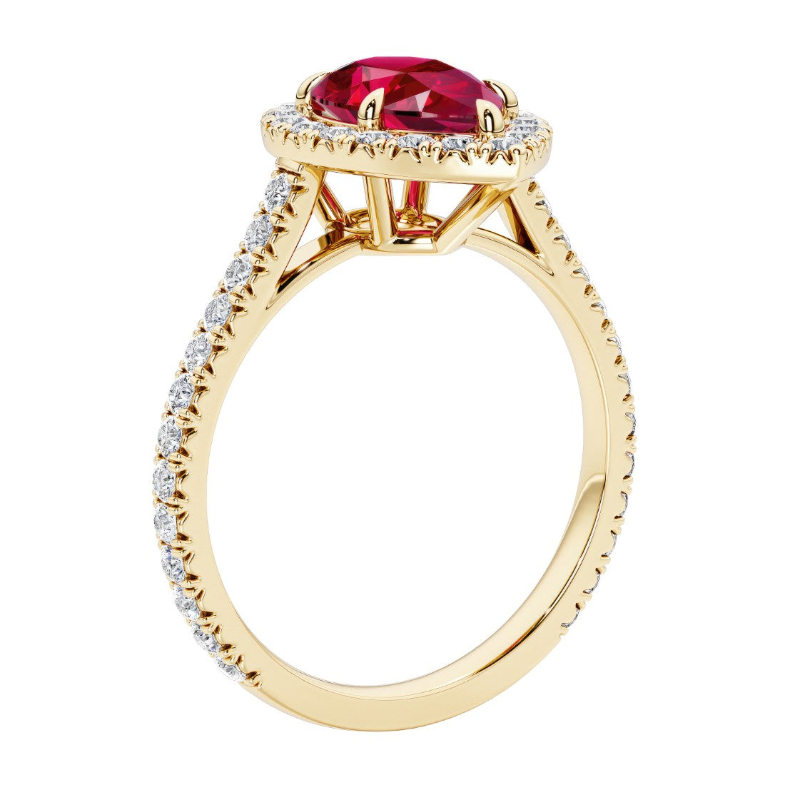Beautiful Ruby french pave diamond engagement ring with classic styling.