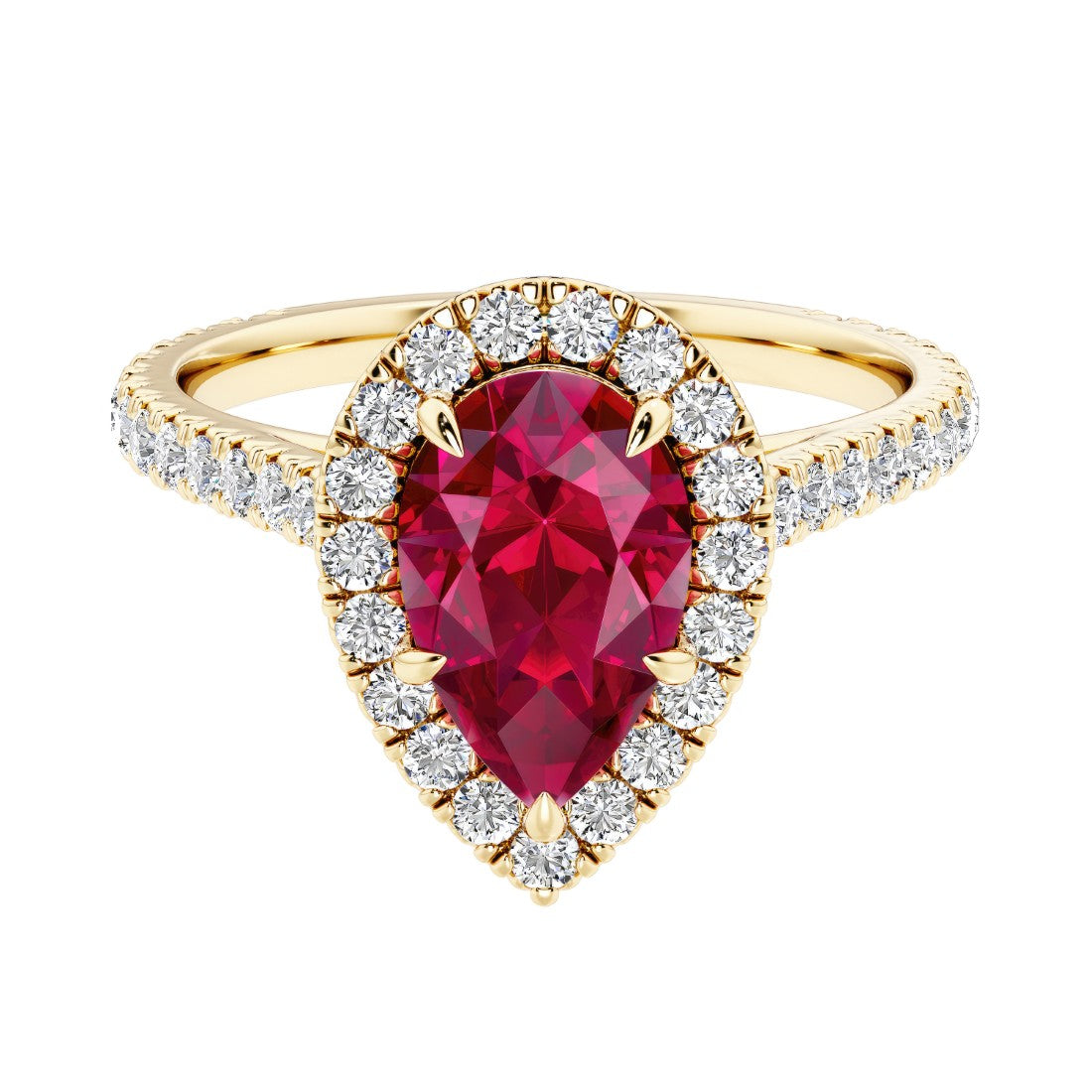 Pear shaped ruby and french pave diamond ring.