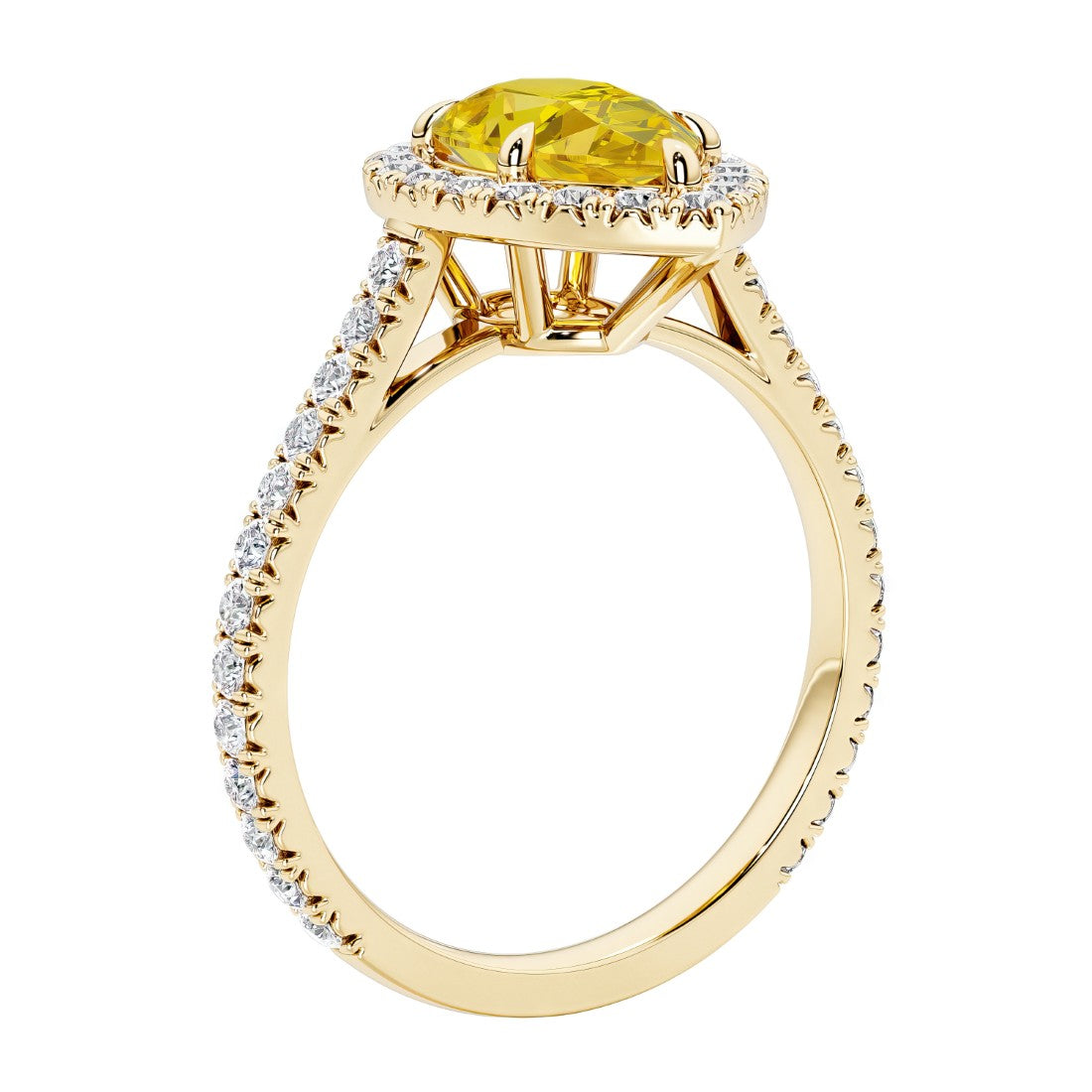 Beautiful Yellow Sapphire french pave diamond engagement ring with classic styling.