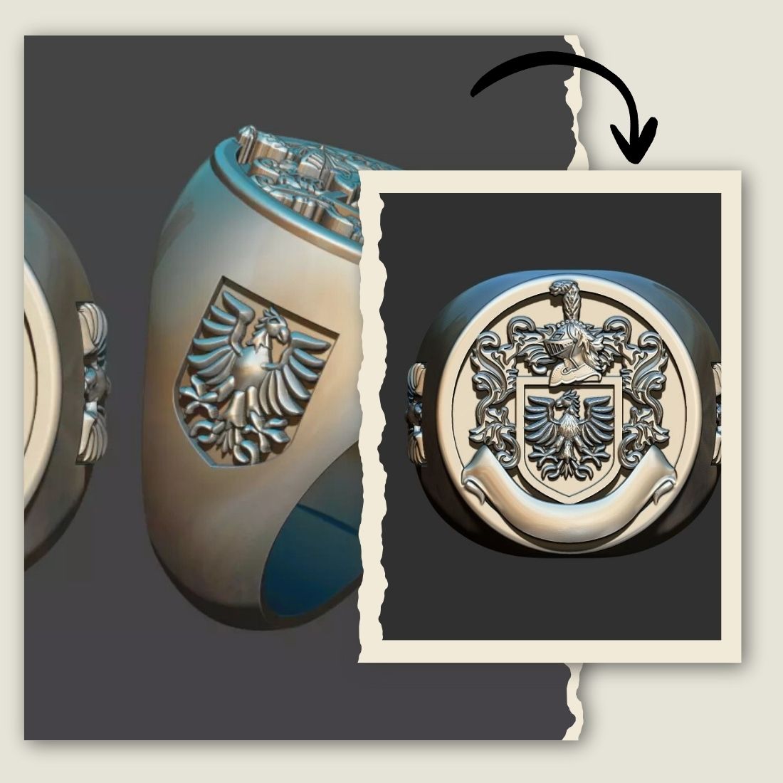 Platinum family crest signet ring with armor motif, custom coat of arms jewelry, handcrafted heritage ring
