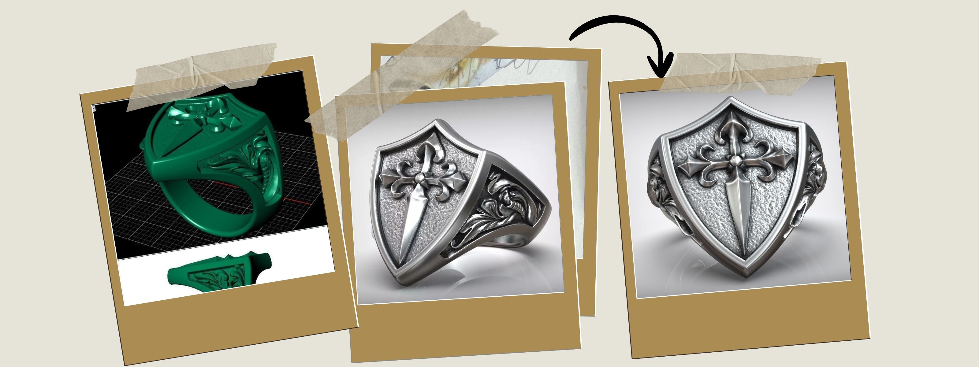 CAD to finished images of custom sword and shield cross ring christian faith jewelry