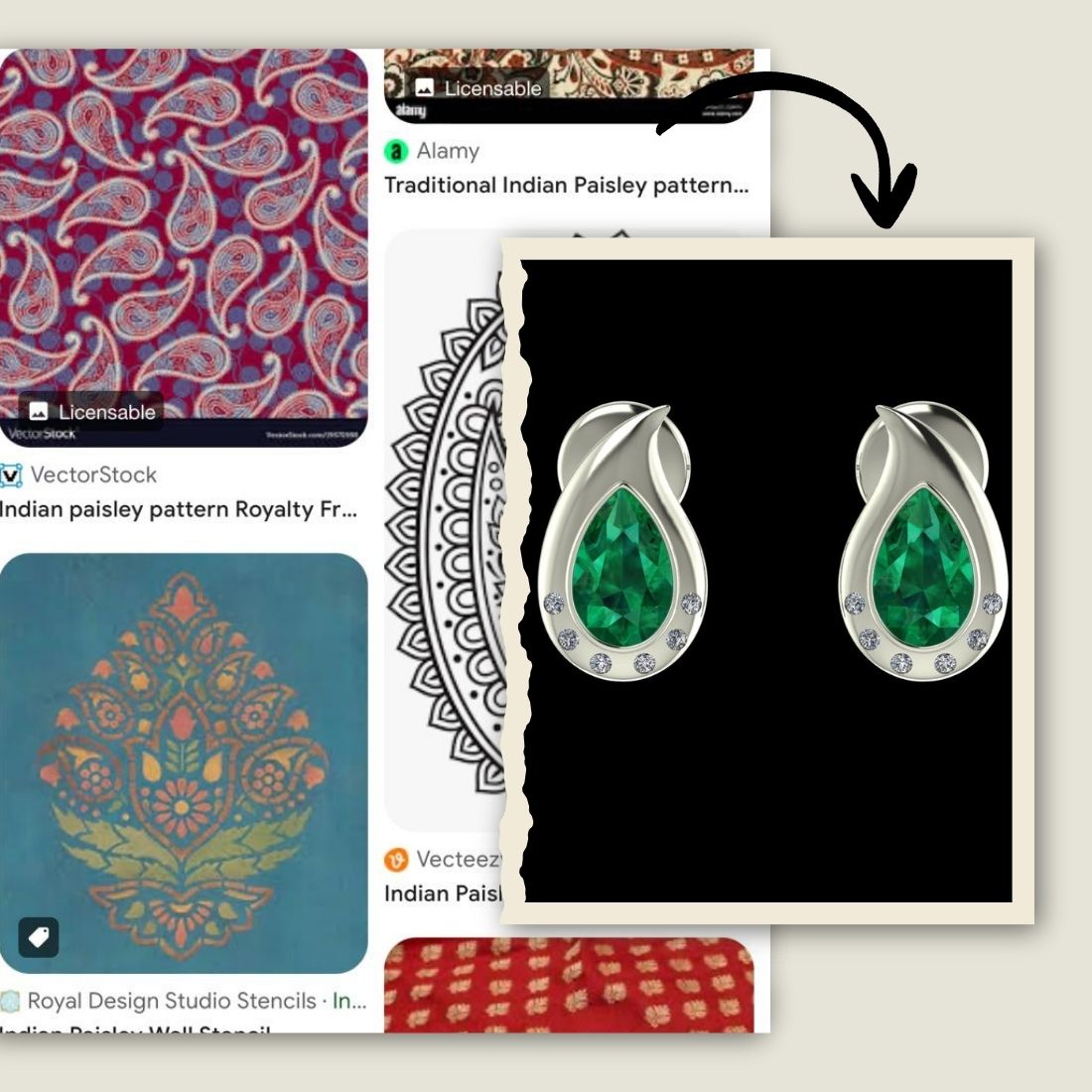 Green teardrop earrings with silver rims on a black background, surrounded by paisley pattern images, custom emerald earrings USA.