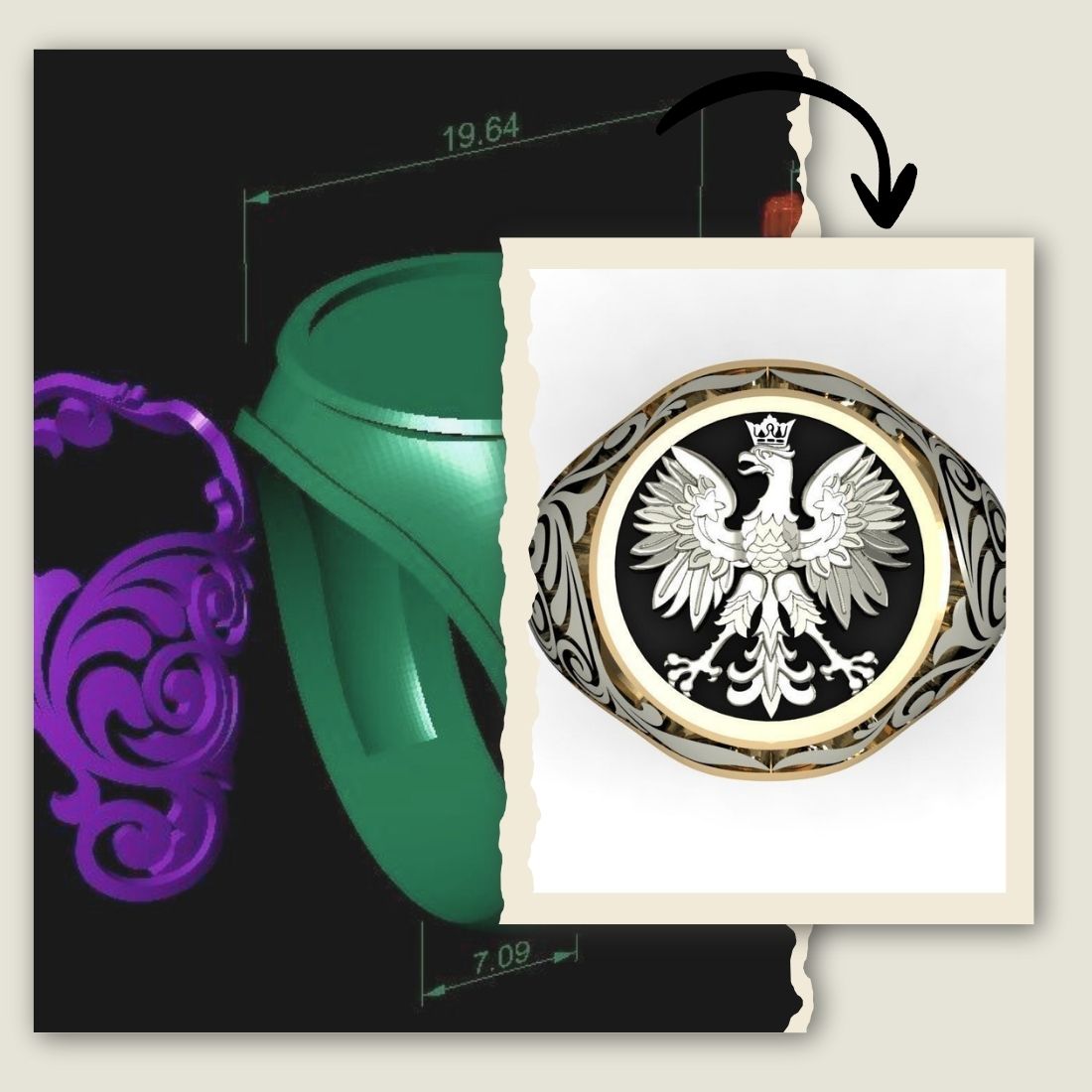 Custom family crest signet ring with eagle motif, gold coat of arms jewelry, handcrafted heritage ring