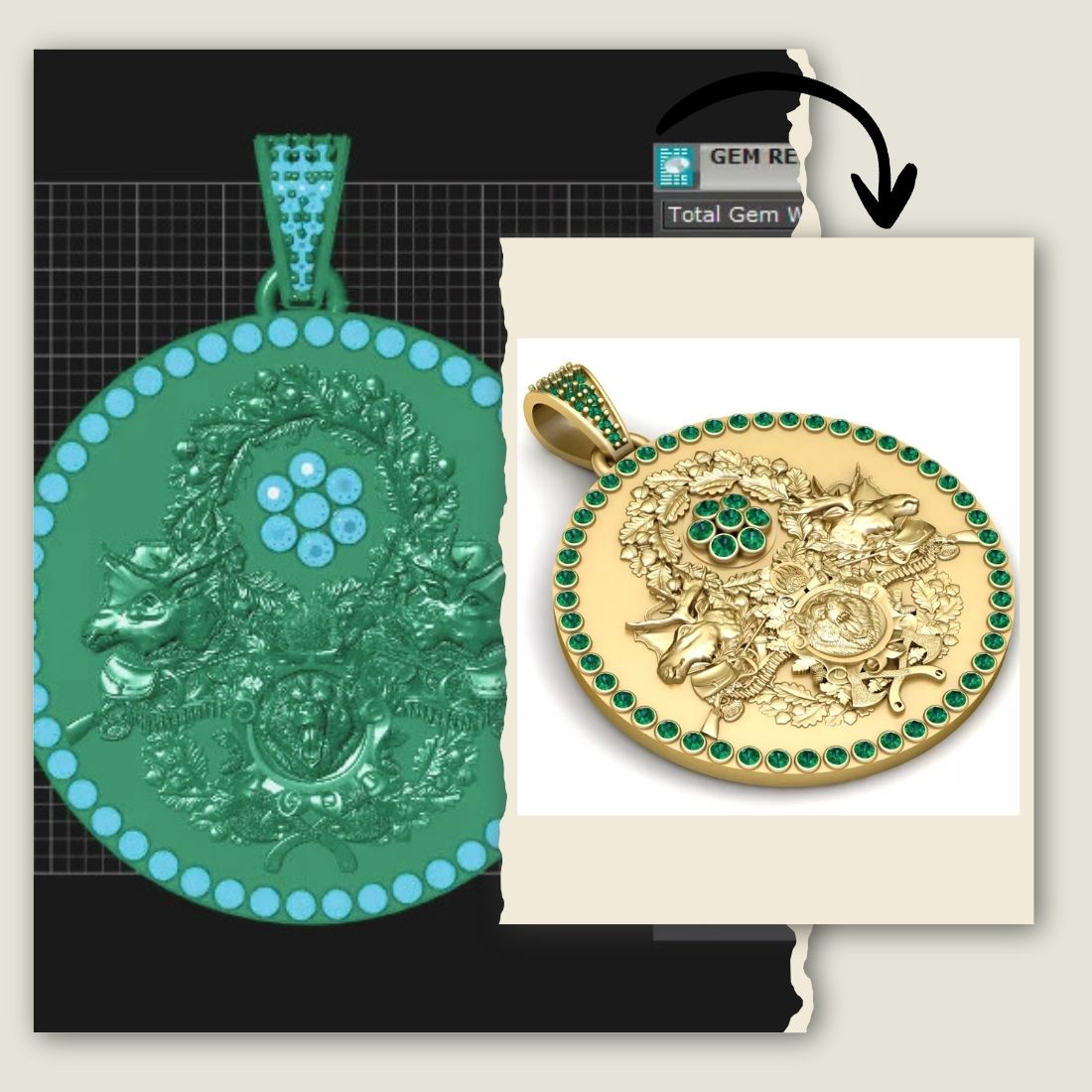 Custom women’s gold pendant with green emerald, unique handcrafted jewelry, one-of-a-kind statement pendant