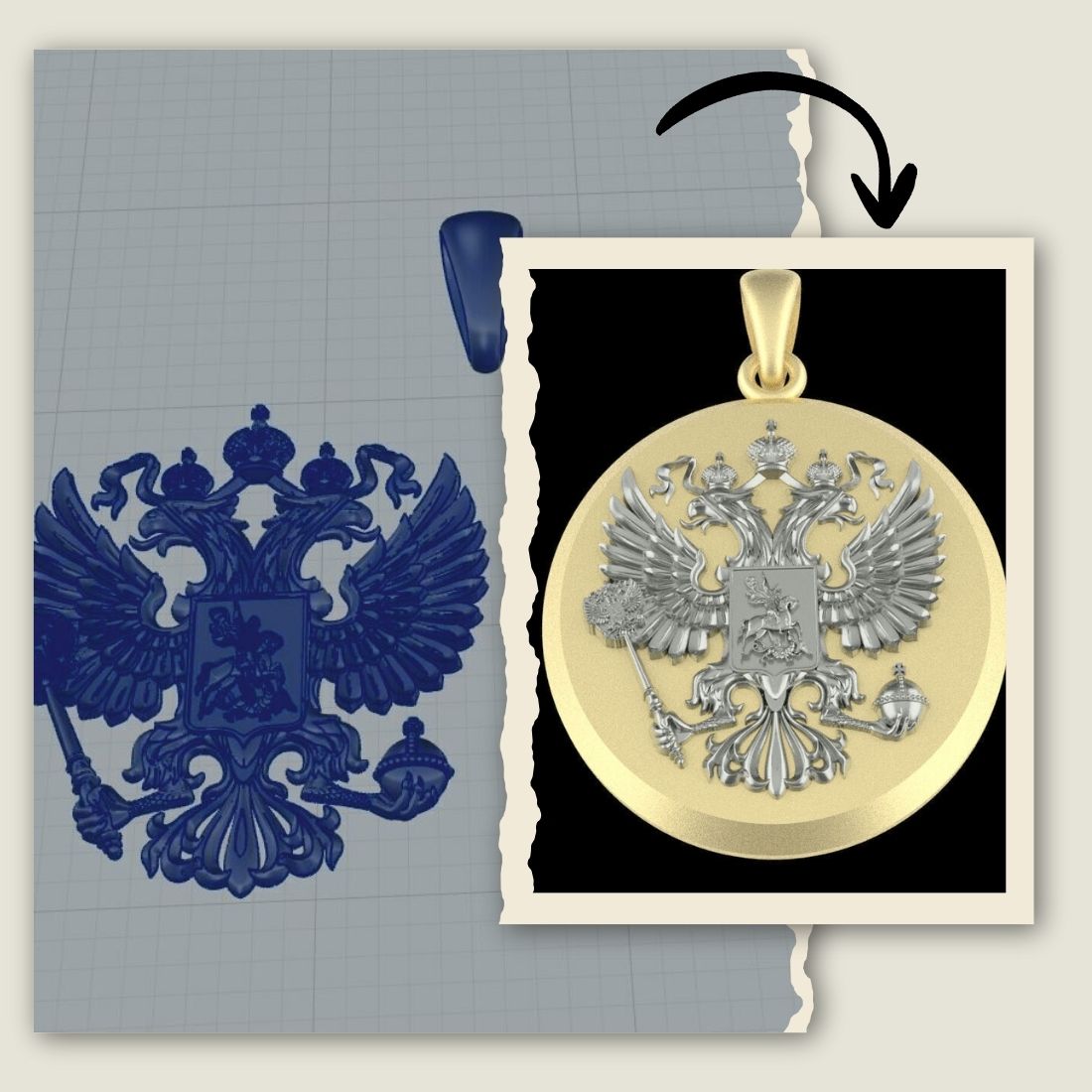 Custom men’s two-tone solid gold pendant, handcrafted statement jewelry, unique men’s pendant design