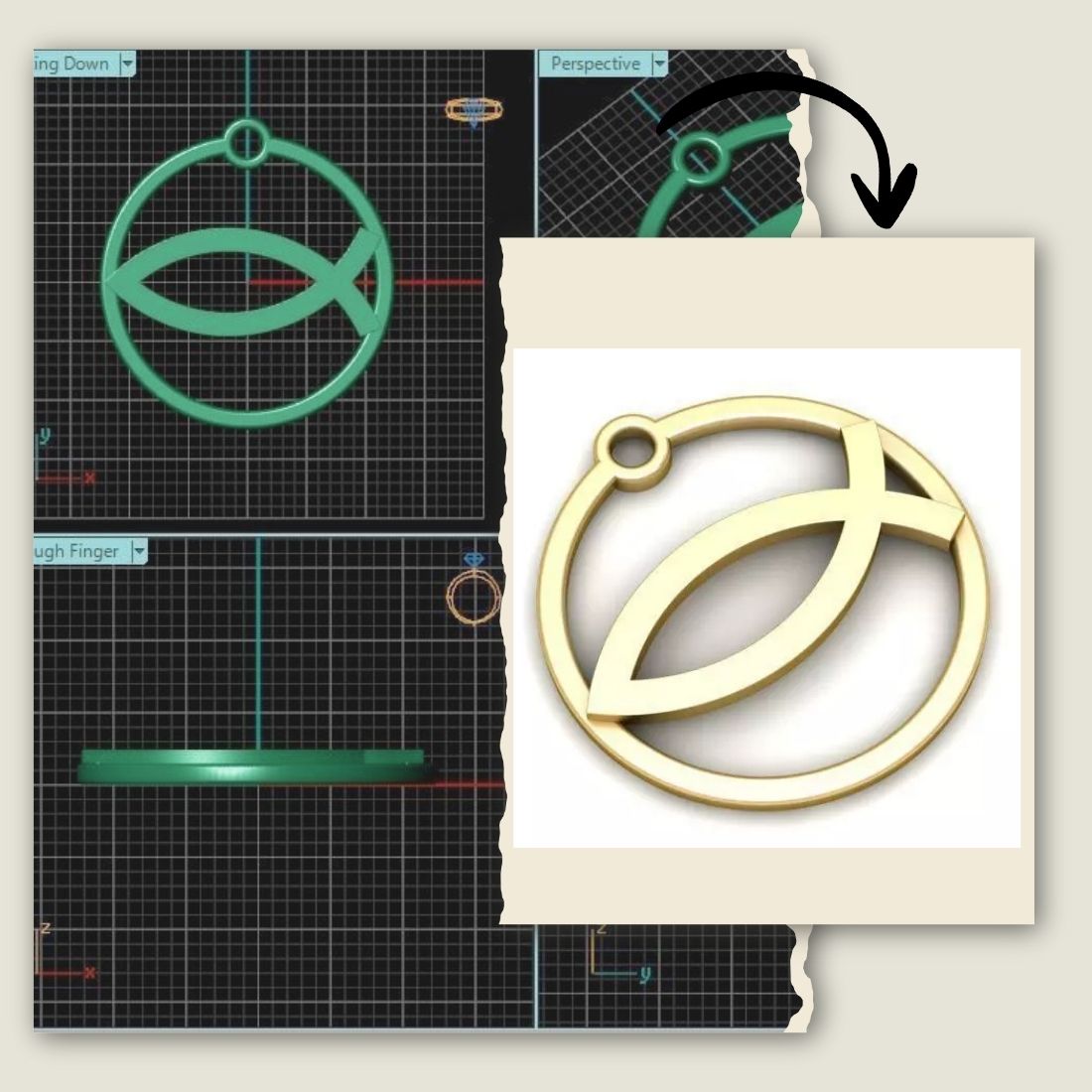 Design process of a gold fish-shaped pendant on a computer screen with a physical pendant shown.