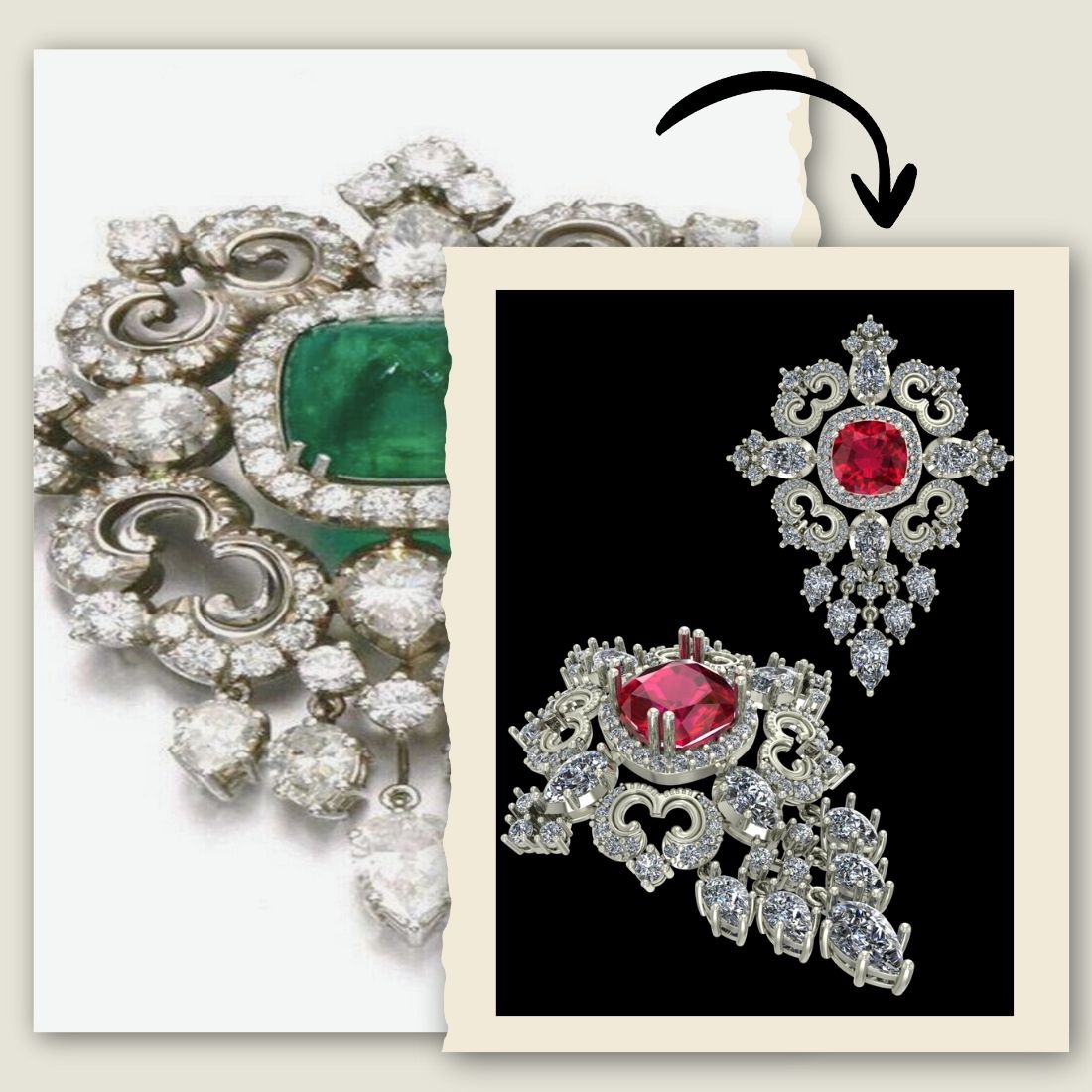 Handcrafted luxury brooch pin with diamonds and ruby