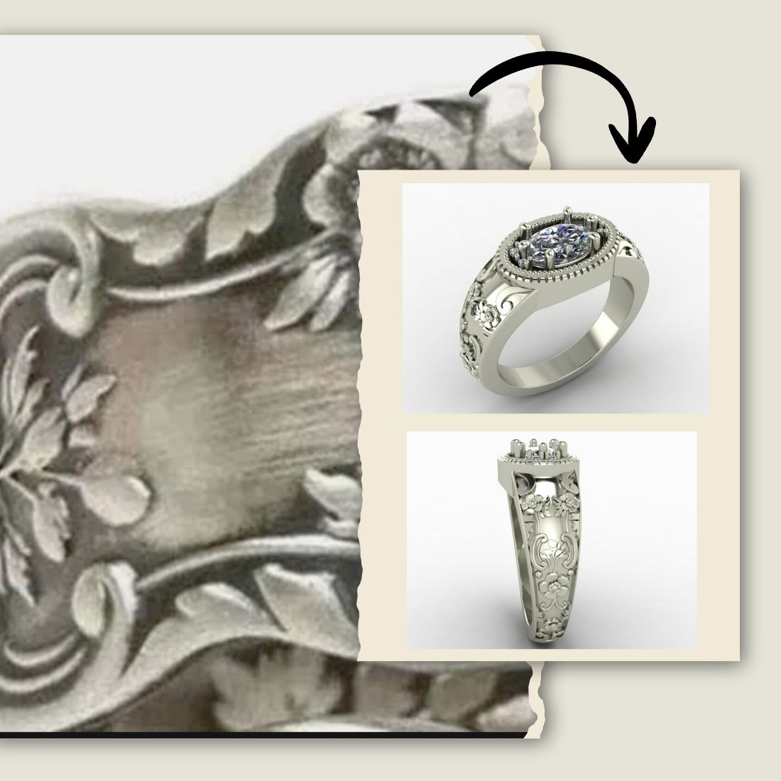 Silver ring with intricate design as a base for a custom diamond ring, handrafted in the USA.