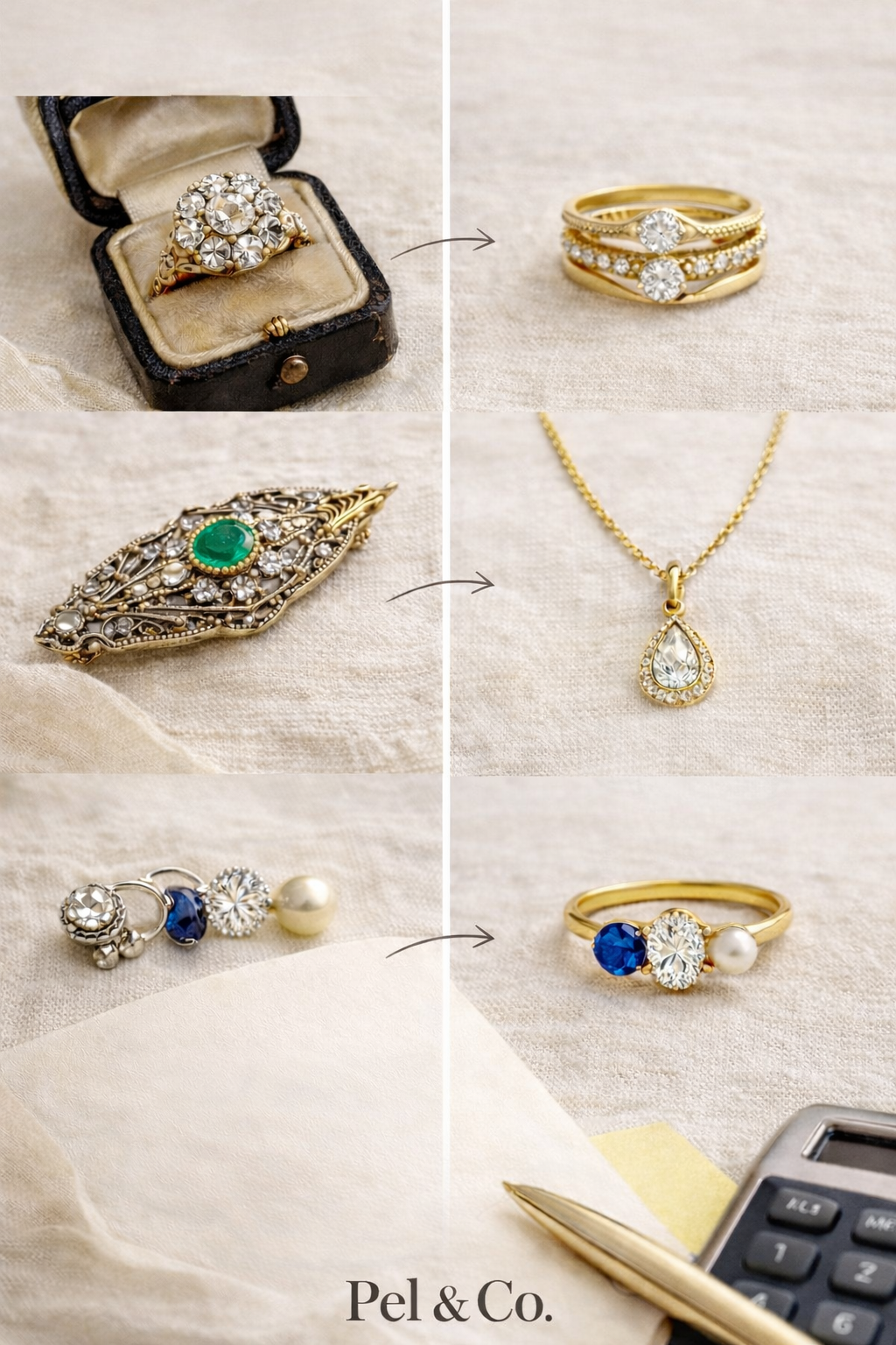efore and after heirloom jewelry transformations by Pel & Co., showing vintage rings, brooches, pendants, and custom multi-stone rings redesigned into modern, wearable pieces. Expert craftsmanship and meaningful custom jewelry redesign.