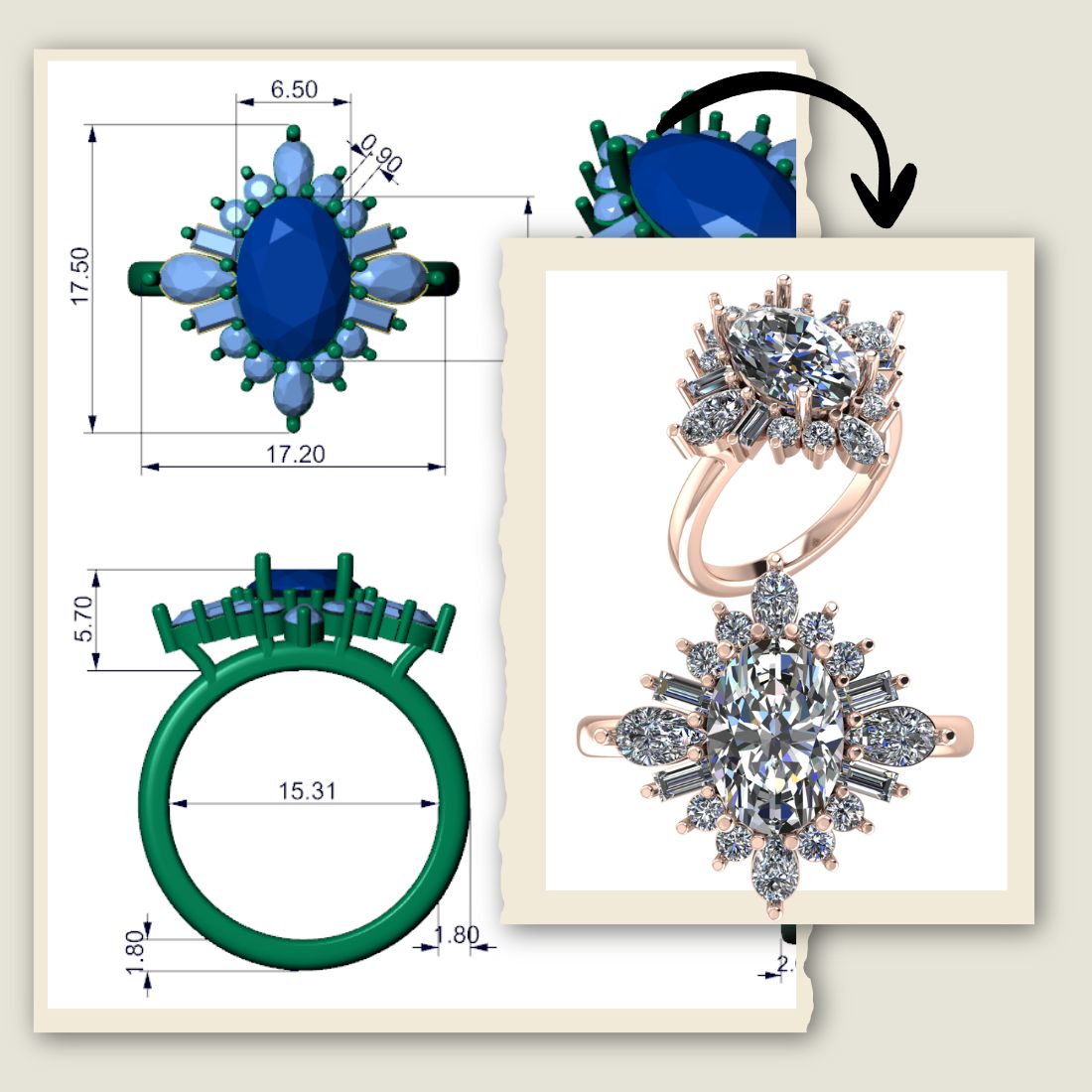 Antique-inspired starburst ring with oval diamond center and mixed-shape side diamonds