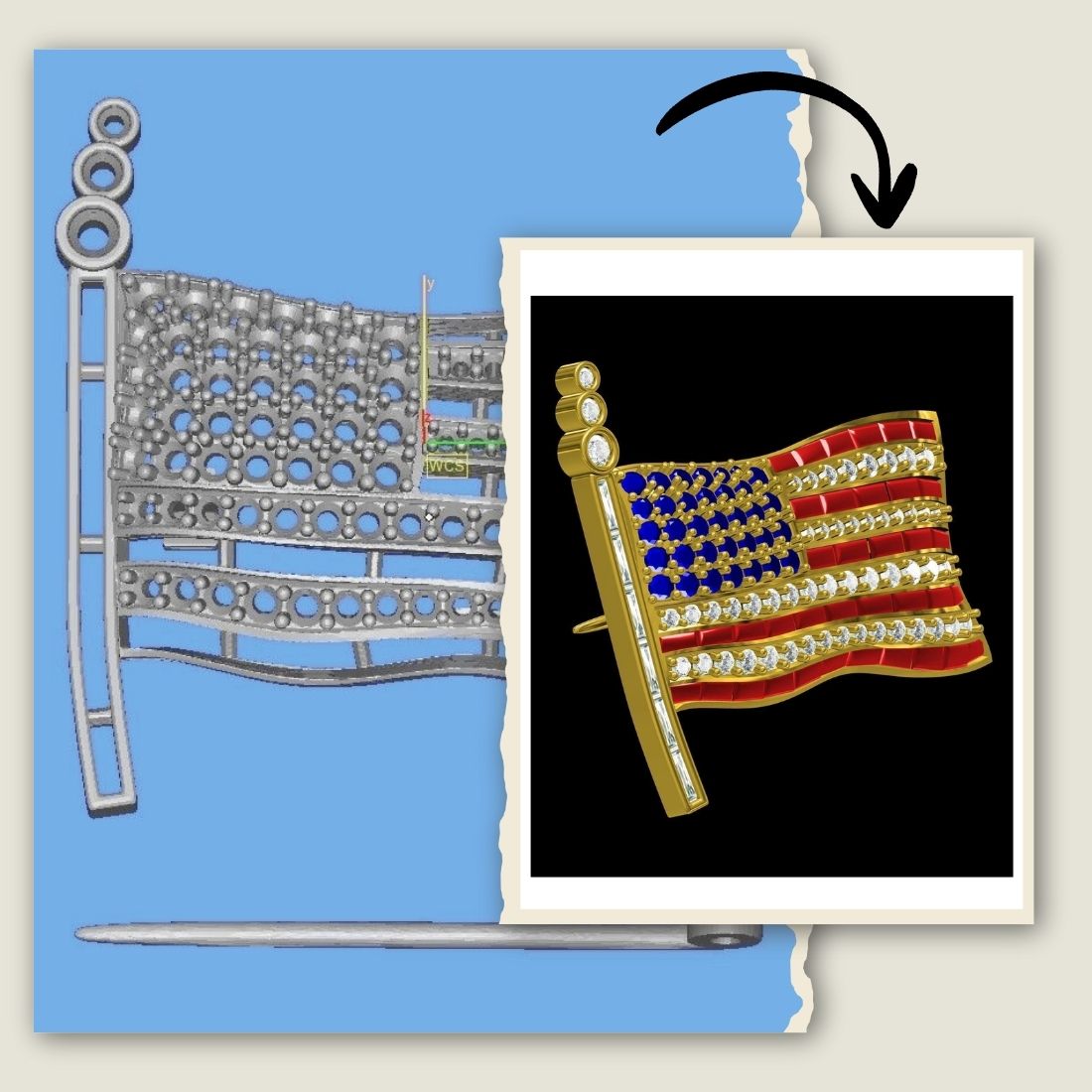 Custom American flag lapel pin with gemstones and diamonds, handcrafted in gold, corporate employee recognition gift, American-made jewelry