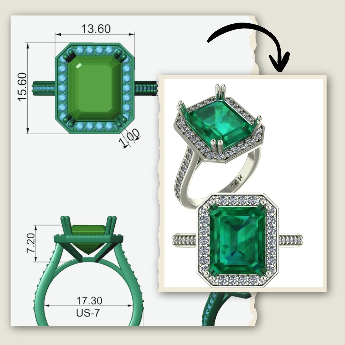 Custom Colombian emerald-cut 12x10mm ring with diamond accents, handcrafted luxury fine jewelry, statement emerald ring