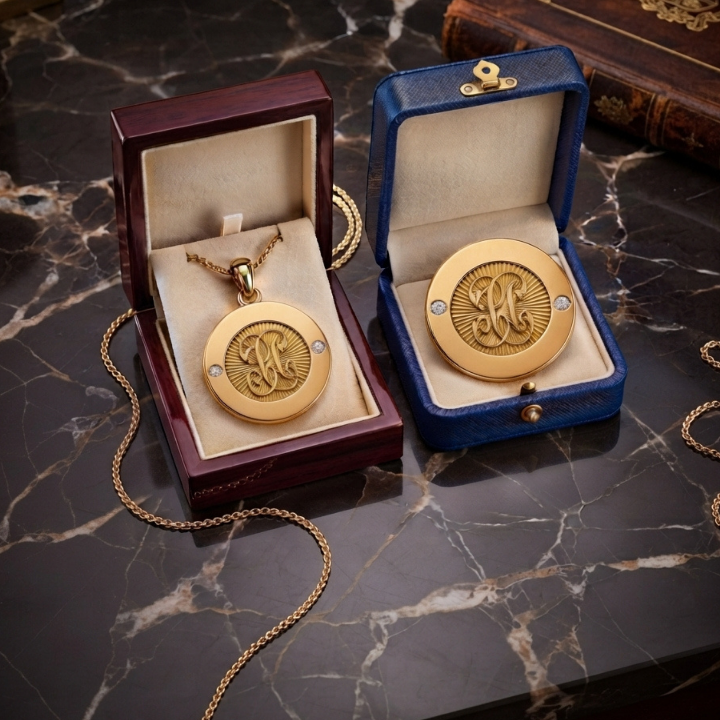 Gold and diamond years-of-service award jewelry created by Pel & Co. Recognize loyalty and achievement with years-of-service awards designed to become lasting symbols of an employee's contribution. Monogrammed lapel pin and pendant with diamonds