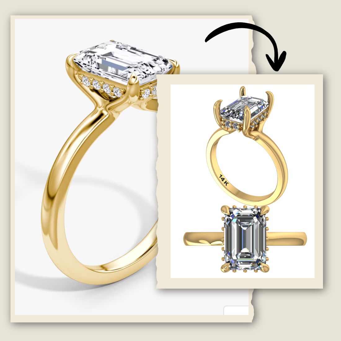 Custom emerald-cut diamond ring with hidden halo design handcrafted in USA
