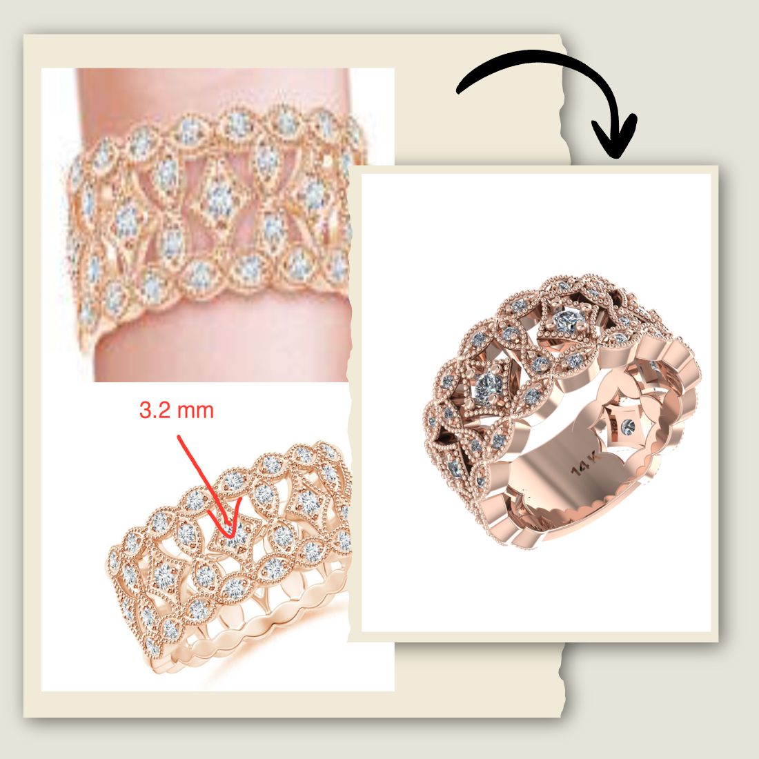 Custom rose gold diamond ring inspired by an intricate design, handcrafted with detailed settings and fine craftsmanship — Pel & Co.