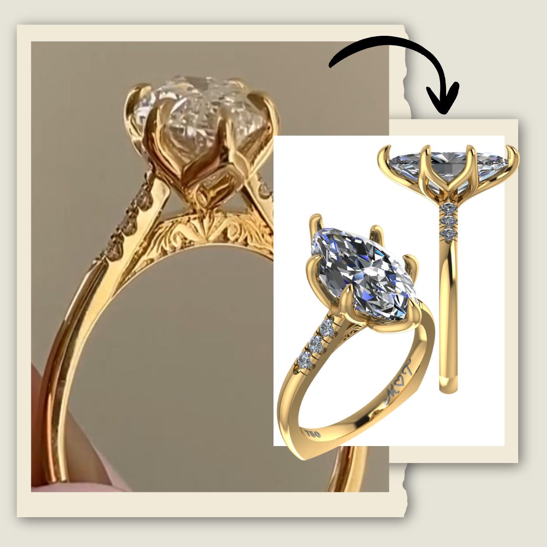 Custom marquise diamond engagement ring with euro shank in 14K gold