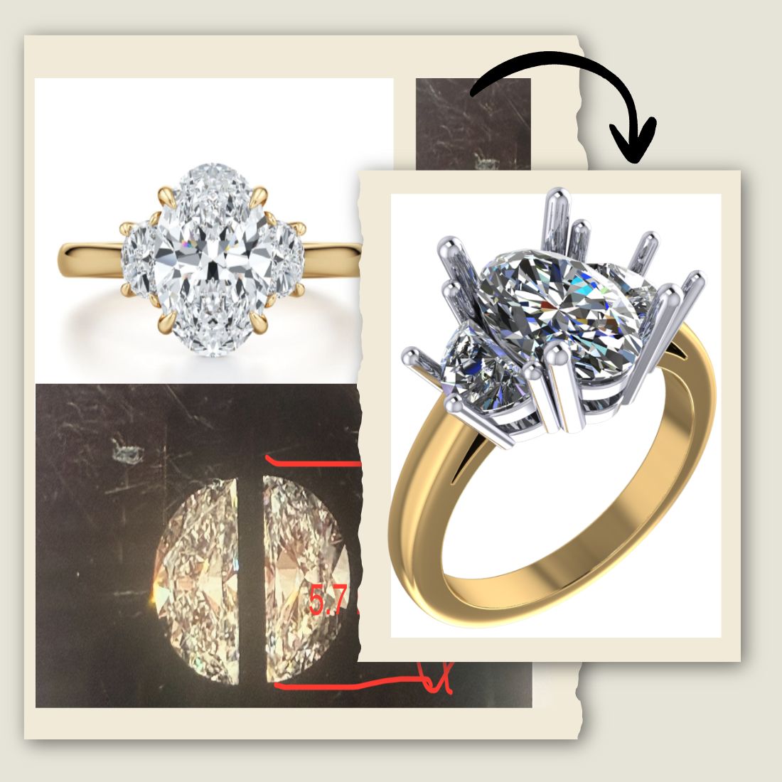 Oval diamond engagement ring with half-moon side stones in 14K gold