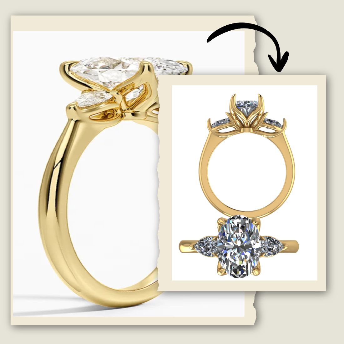 Custom lotus-inspired engagement ring with oval diamond and diamond accents