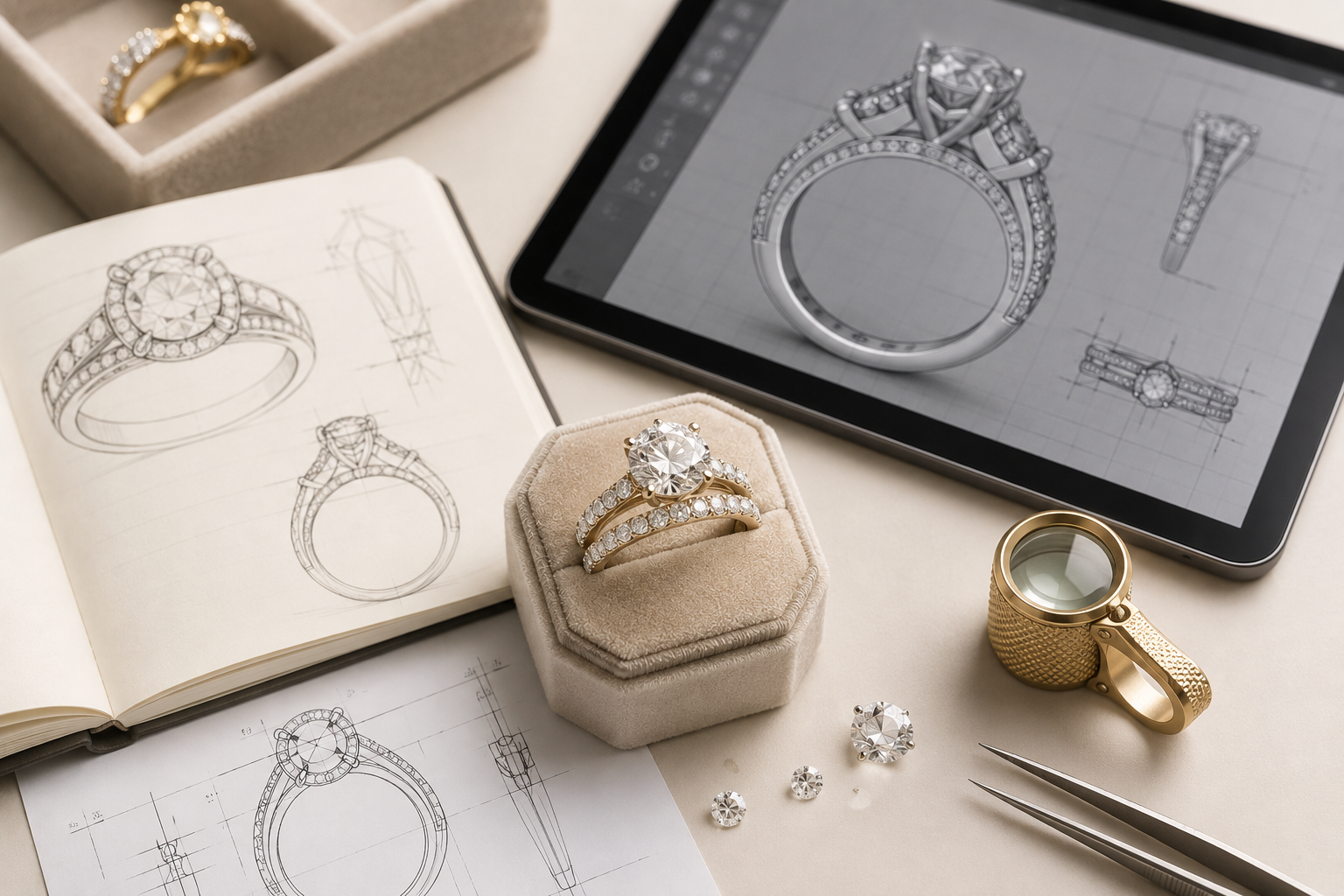 Luxury custom wedding ring design process featuring engagement ring sketches, CAD jewelry renderings, handcrafted diamond bridal set, and fine jewelry tools by Pel & Co.
