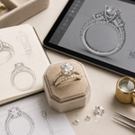 Luxury custom wedding ring design process featuring engagement ring sketches, CAD jewelry renderings, handcrafted diamond bridal set, and fine jewelry tools by Pel & Co.