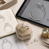 Luxury custom wedding ring design process featuring engagement ring sketches, CAD jewelry renderings, handcrafted diamond bridal set, and fine jewelry tools by Pel & Co.
