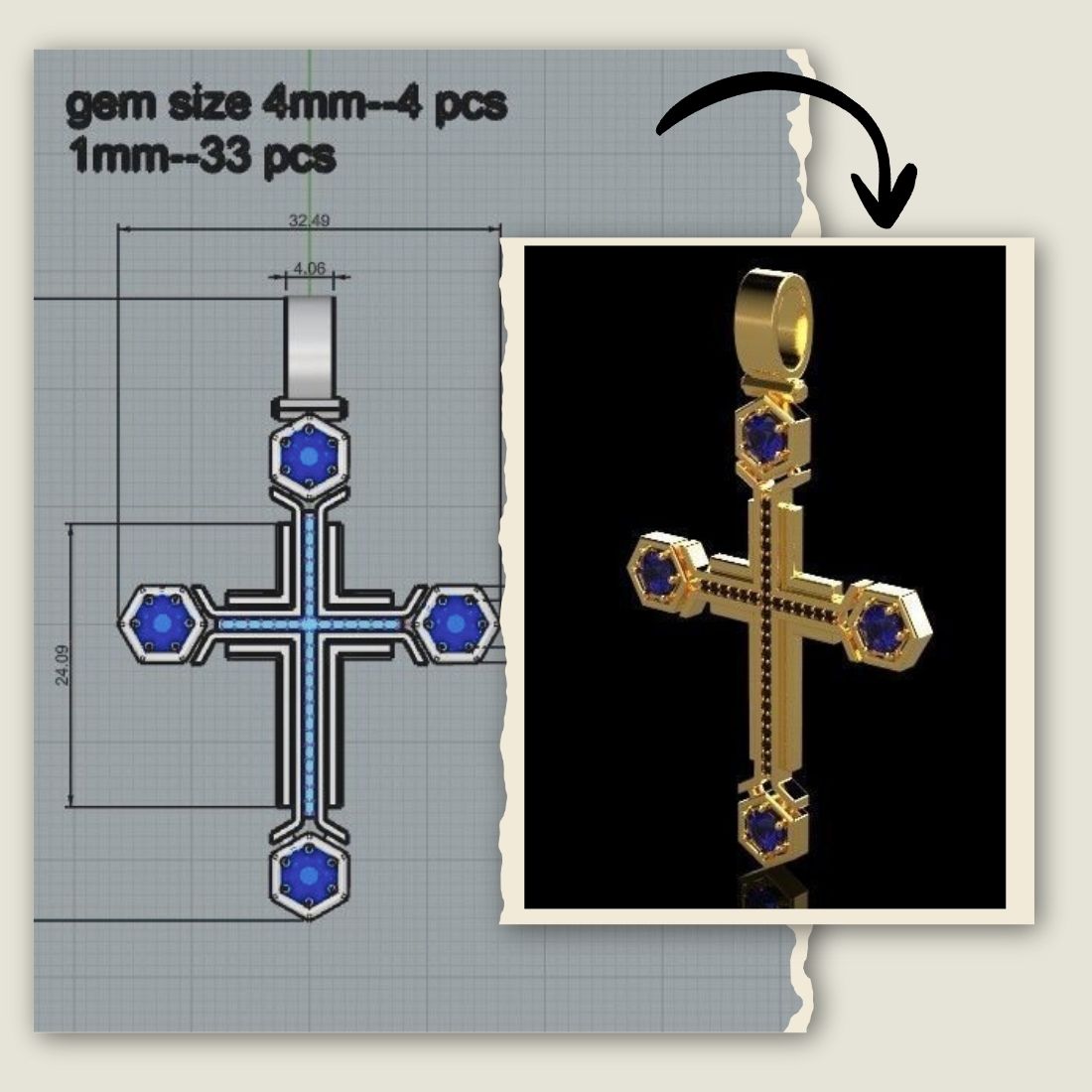 Handmade gold cross pendant with sapphire blue stone